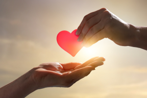 A red heart being placed into an open hand with sunlight in the background